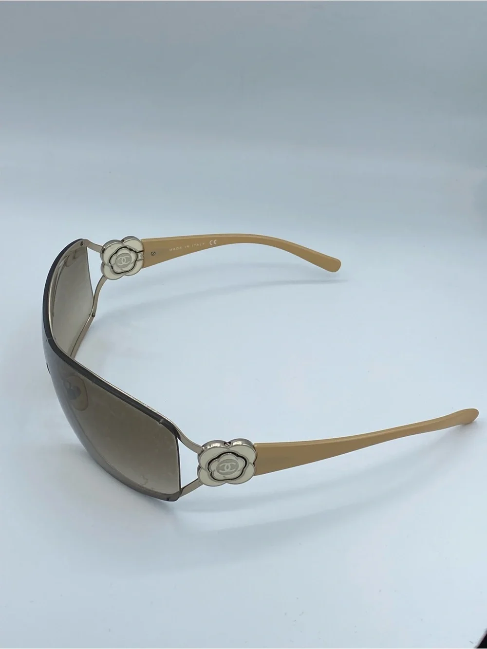 CHANEL Brown Gradient Shield Sunglasses with Gold Camellia Accents